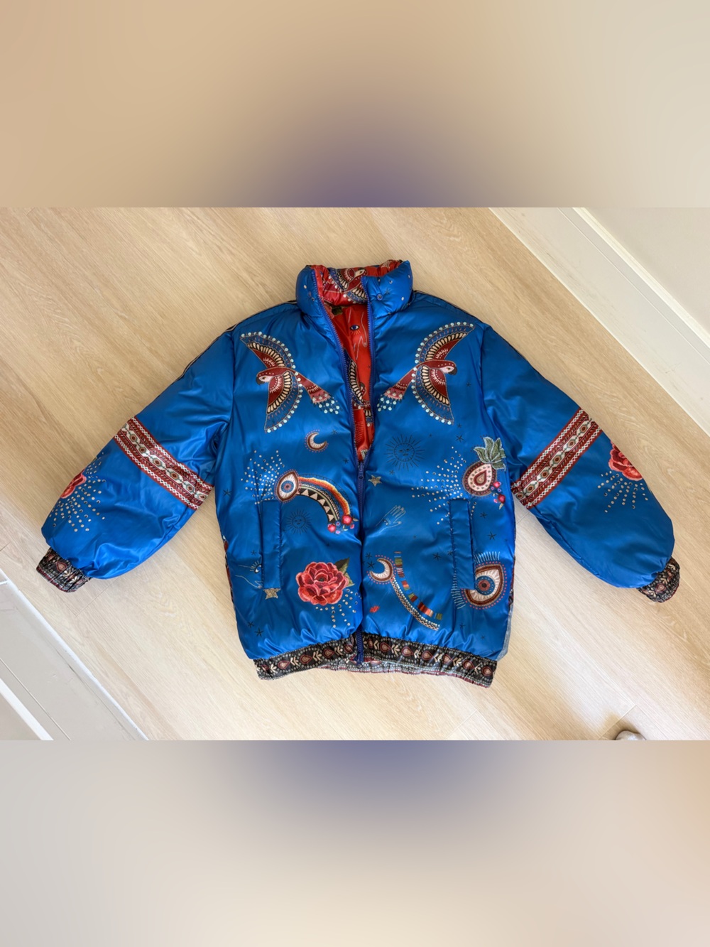 FARM Rio Blue Embroidered-Style Patterned Puffer Jacket